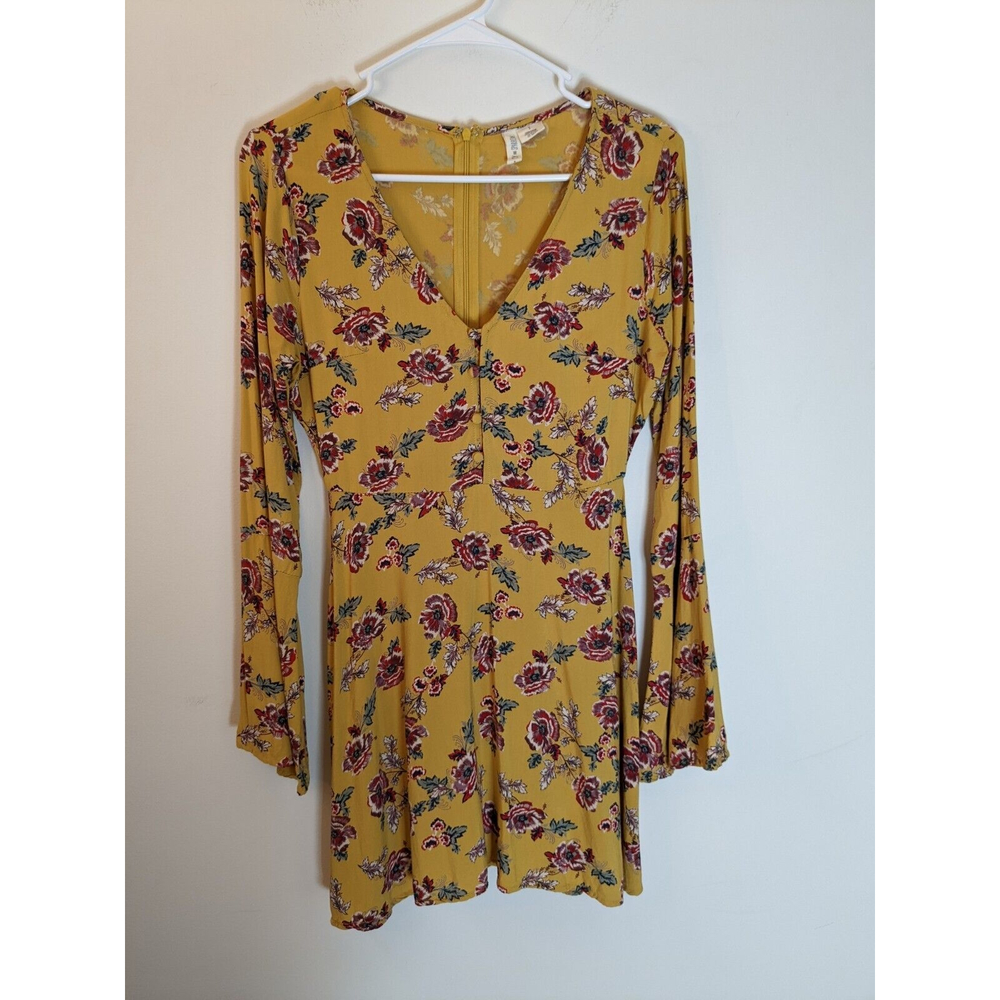 Sky & Sparrow Women’s Long Sleeve Floral Dress Mustard 1/2 Button Sz Small